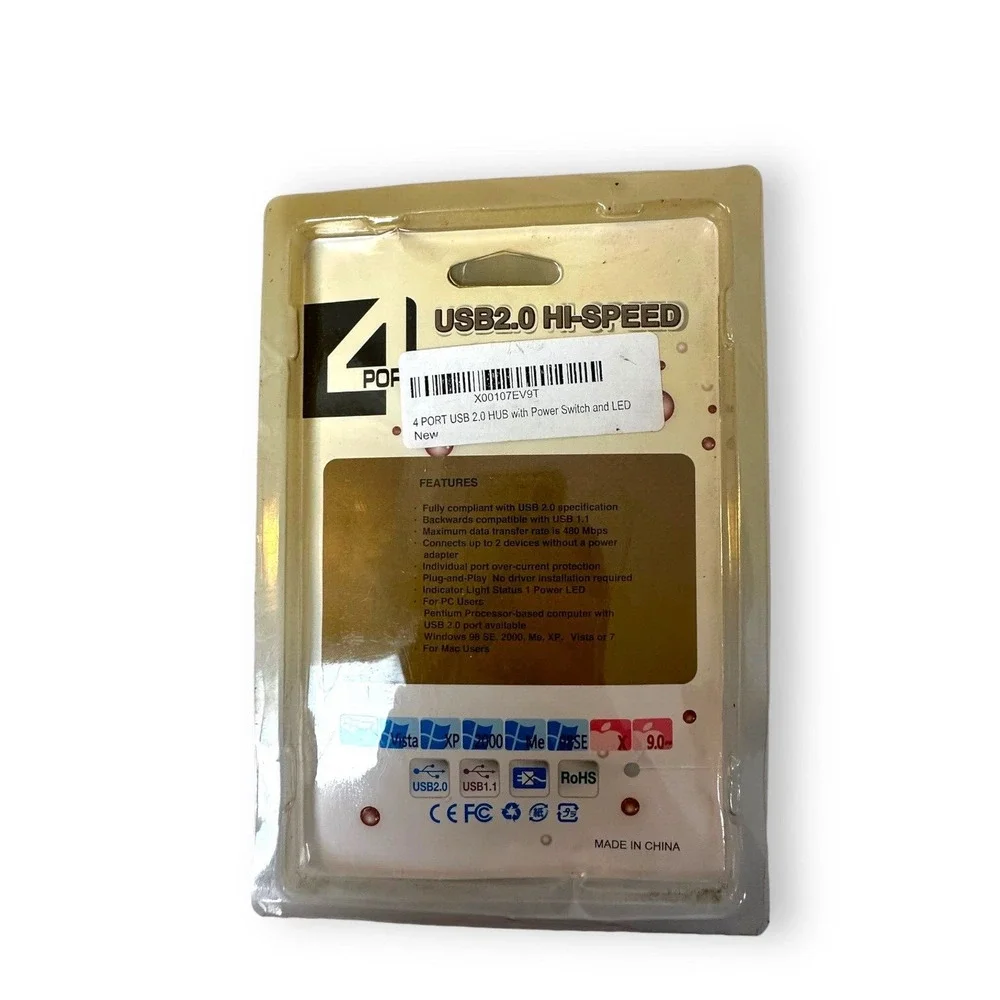 USB 2.0 Hub With Power Switch and LED 4 Port New in Package Black 480 Mbps